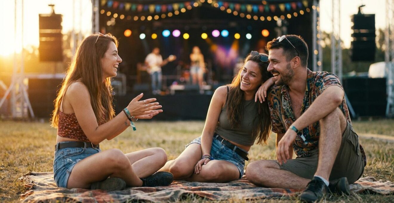 Groupe d'amis détendus dans un espace chill de festival de musique avec lumières de scène en arrière-plan