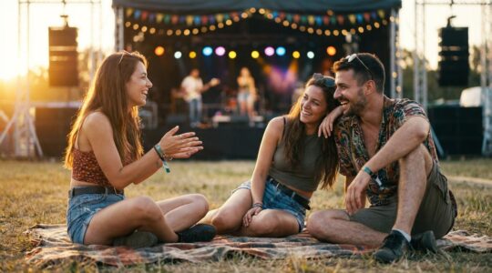 Groupe d'amis détendus dans un espace chill de festival de musique avec lumières de scène en arrière-plan