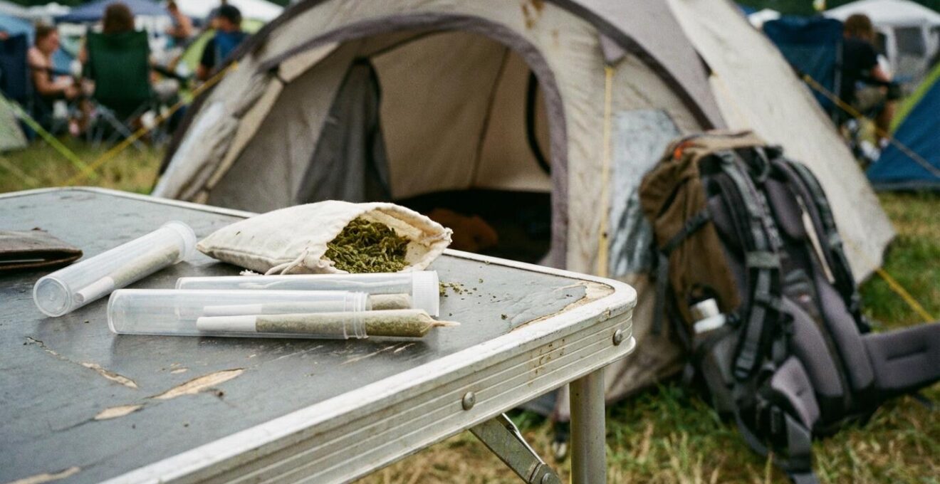 Tubes de conservation avec joints CBD pré-roulés posés sur table de camping en contexte festival