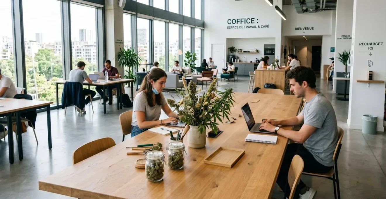 Fleurs de cannabis CBD disposées sur une surface en bois naturel dans un bureau contemporain éclairé par la lumière du jour