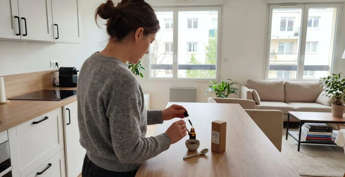 Une personne vue de dos prépare soigneusement une dose de produit CBD dans un intérieur domestique contemporain éclairé naturellement