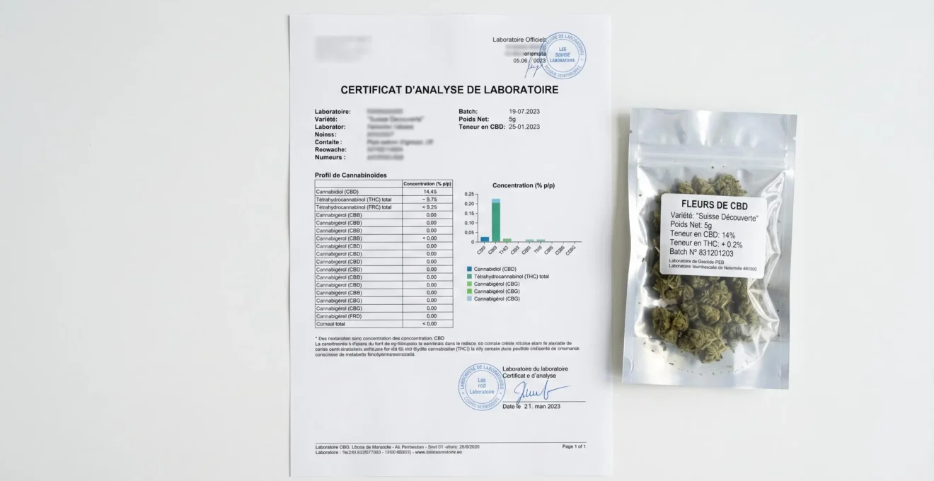 Document de certificat d'analyse laboratoire CBD en français avec graphiques et tampons, à côté d'un sachet transparent de fleurs de CBD sur bureau blanc