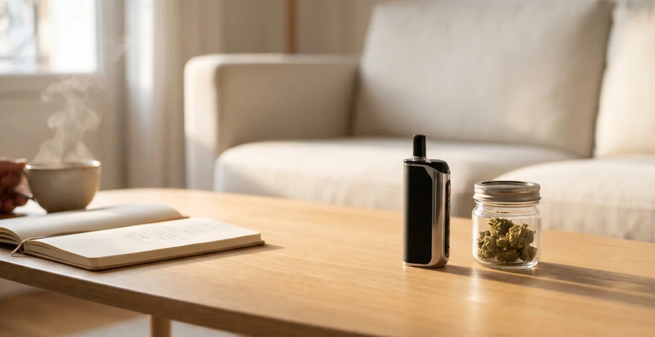 Table basse avec vaporisateur CBD moderne, pot en verre de fleurs de CBD, carnet ouvert et tasse de thé dans un salon lumineux contemporain
